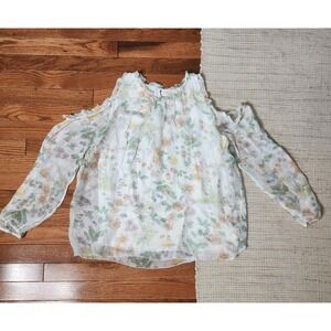 GIUSY Silk Floral Blouse Top Cold Shoulder Sheer Sleeve Multicolor Italy M